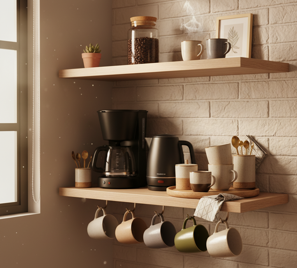 Cantinho do café charmoso com xícaras e cafeteira.